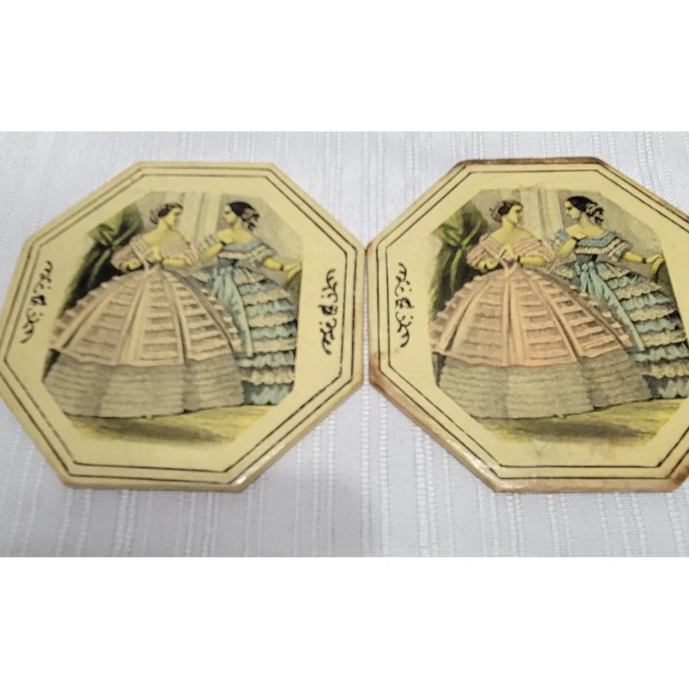 Coaster Set Vintage Victorian Fashion with Black Metal Caddy Octagon Shape